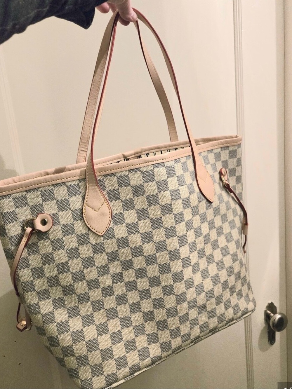 Cream & Gray Check Canvas Tote Bag with Pink Trim